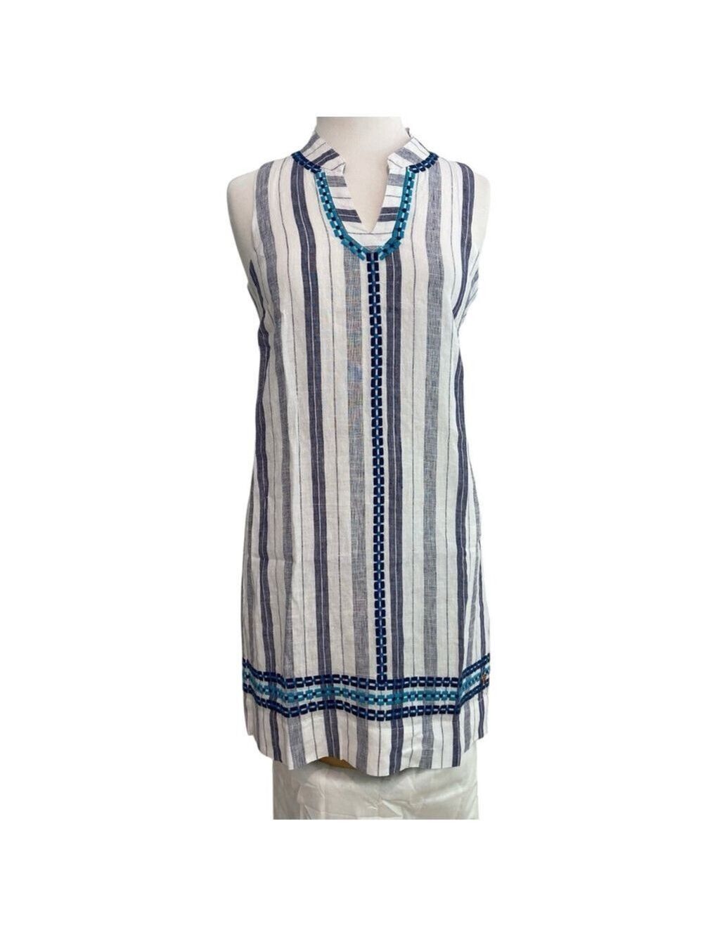 Hatley NWT Marine shift dress sailor 100% linen V neckline sleeveless blue whit